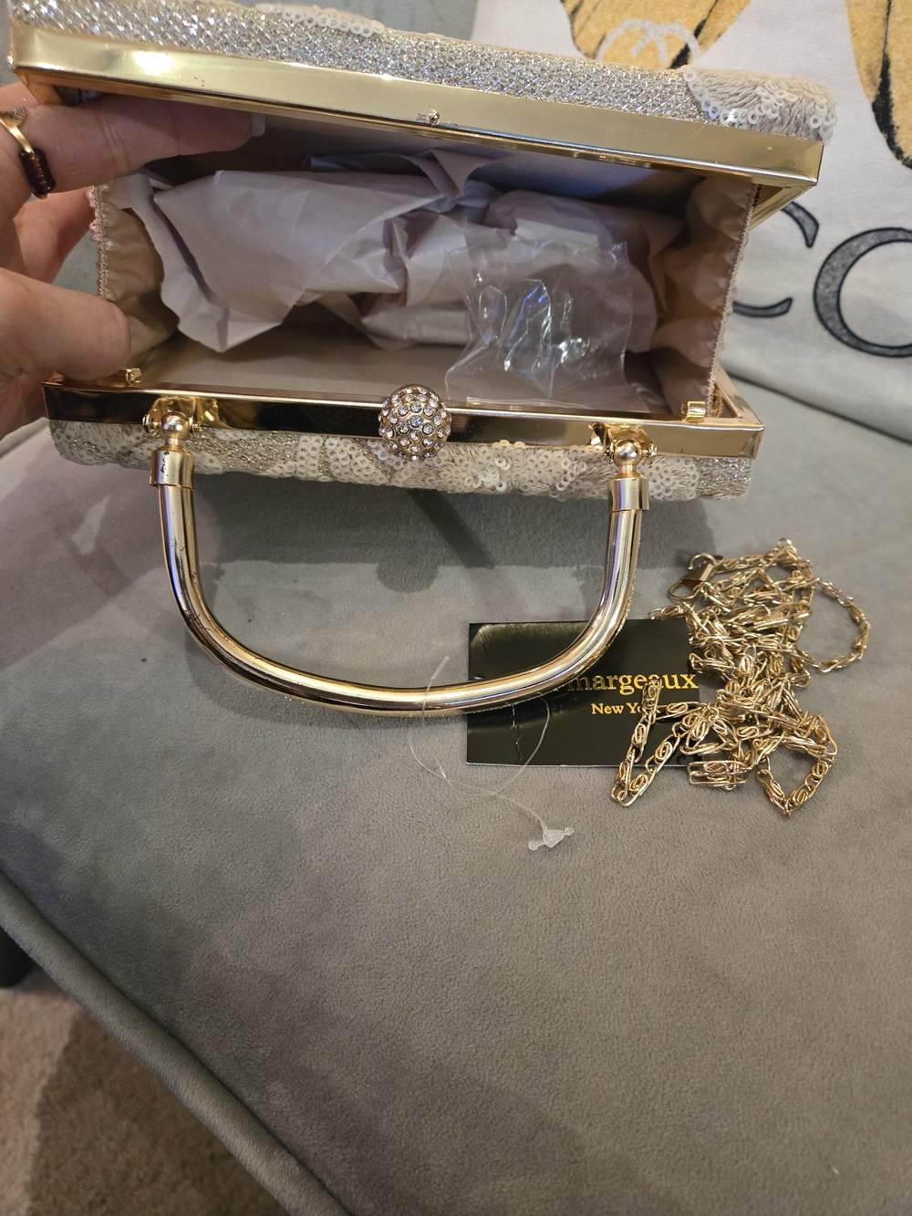 Sequined Floral Box Clutch with Gold Frame - Cream & Gold - Picture 3 of 8